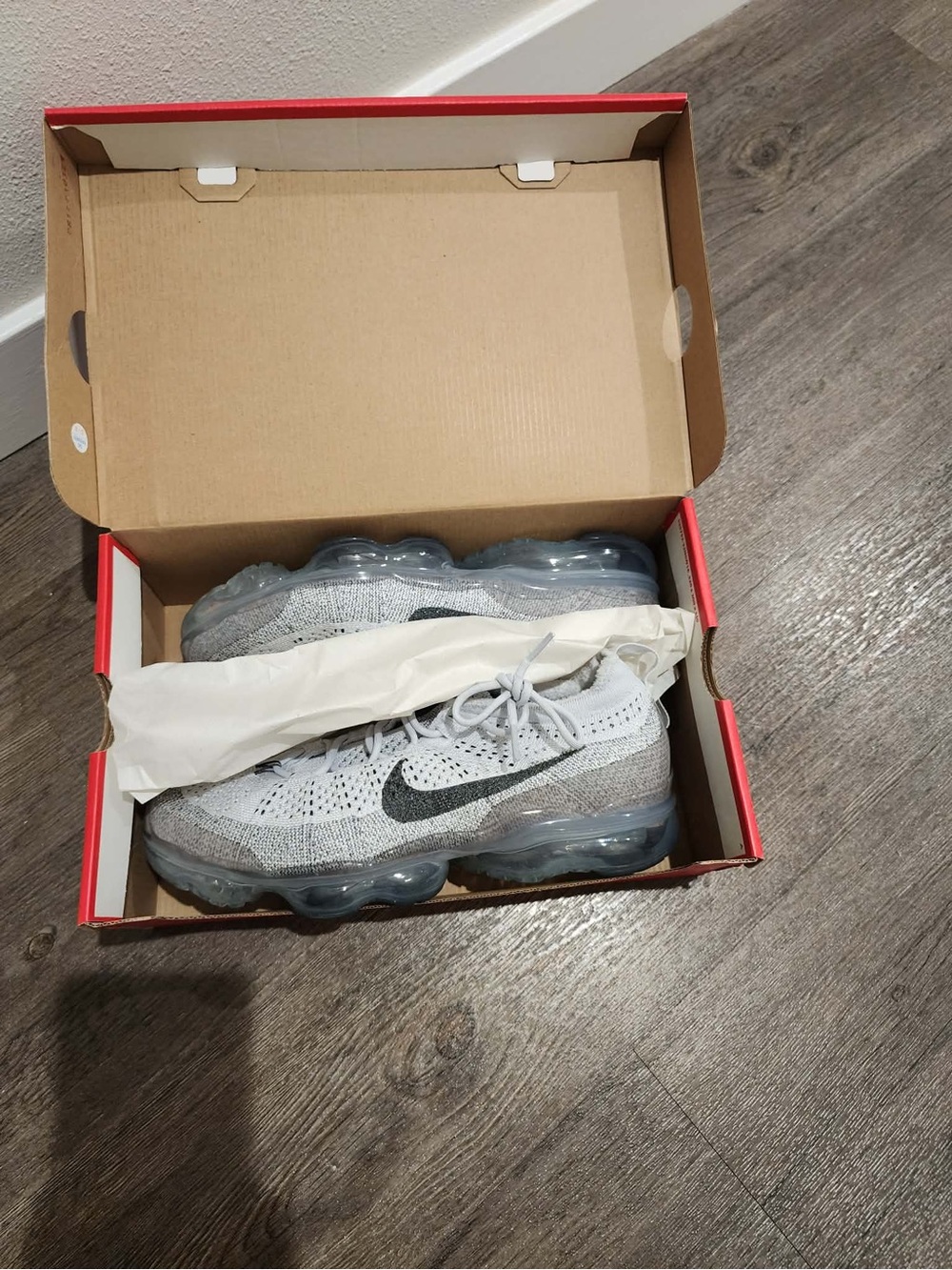 Nike VaporMax Flyknit Sneakers in Light Gray with Black Swoosh